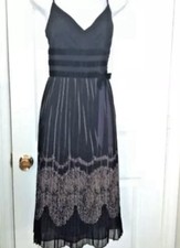 ANN TAYLOR LOFT Midi Dress Black Knife Pleated Lace Print Velvet Waist Sz 0