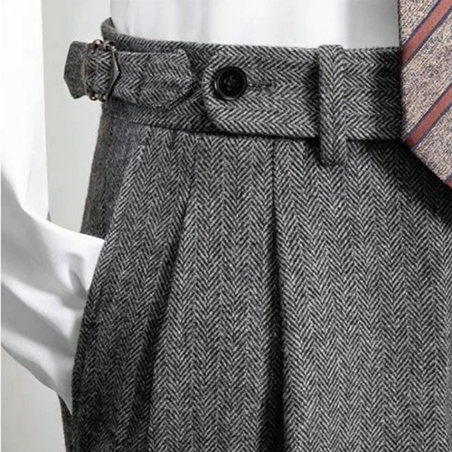 Retro Men's Tweed Herringbone Pants Woolen Casual Business Trousers Slim Fit UK - Picture 6 of 23