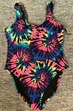 Victoria's Secret Pink Black Tie Dye Rainbow Scoop Neck One Piece Swimsuit M NWT