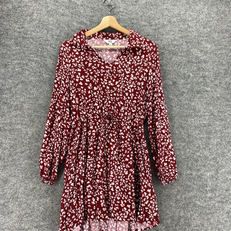 Vestido BB Dakota Mujer S Pequeño Rojo Floral Cambio Cuello Corto Manga Larga Rayón Foto 3 de 4