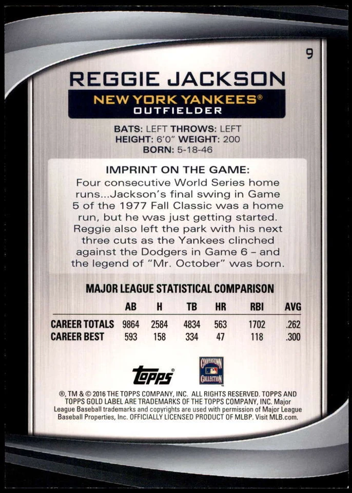 Reggie Jackson 2016 Topps Gold Label 5x7 Class 1 Gold #9 /49 Yankees - Image 2 of 2