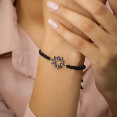 925 Silver Gold Diamond Black Macrame Thread Braide Adjustable Bracelet