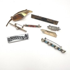 VTG 60s AB Glass Faux Pearl Bar Brooch Pins Set Silver Tone Mid-Century Fashion