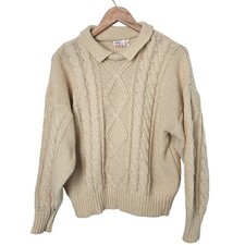Vintage Cable Knit Sweater Womens XL 90s Tan Cottage Pullover Academia Preppy