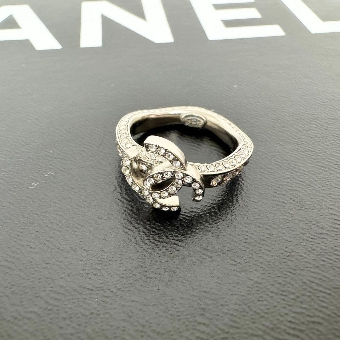 CHANEL Coco Mark Rhinestone Silver Tone Ring 10A Metal Logo