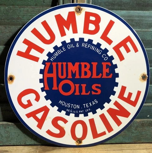VINTAGE HUMBLE GASOLINE PORCELAIN TEXAS GAS PUMP SIGN MOTOR OIL