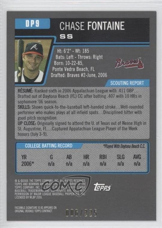 2006 Bowman Draft Draft Picks White /225 Chase Fontaine #DP9 - Image 2 of 2