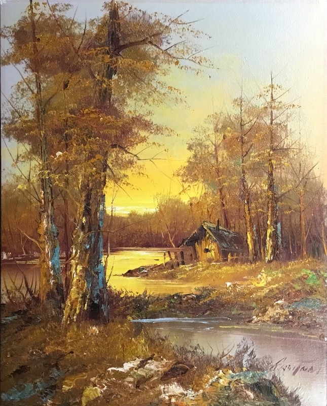 VTG Original Impressionist Landscape Oil Painting Cabin By River Signed, 20"x16"