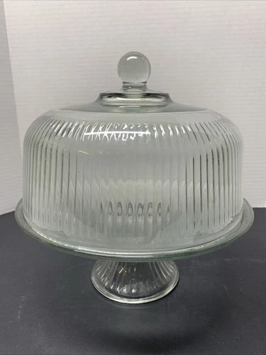 ANCHOR HOCKING Monaco Dome Ribbed 11” Cake Plate & Punch Bowl Set VTG