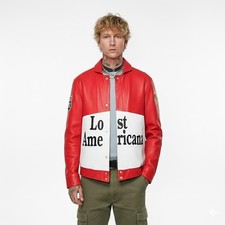 Machine Gun Kelly Lost Americana Red  White Leather Bomber Racing Jacket - MGK