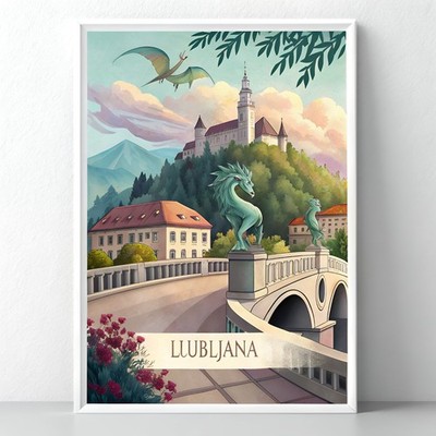 Ljubljana Slowenien Reise Poster - Drachenbrücke und Burg Kunstdruck_mehrDetail