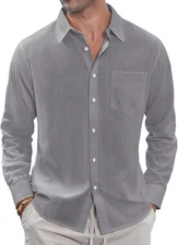 Men's Linen Button Down Shirts - Casual Long Sleeve Summer Beach Wear