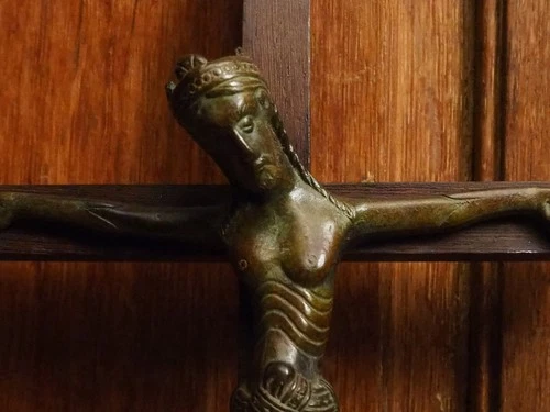 Antique Medieval style wall hanging Crucifix bronze Corpus on a wooden Cross