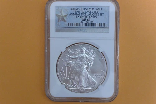2015 W BURNISHED SILVER EAGLE NGC MS69 ANNUAL DOLLAR COIN SET - Spotted