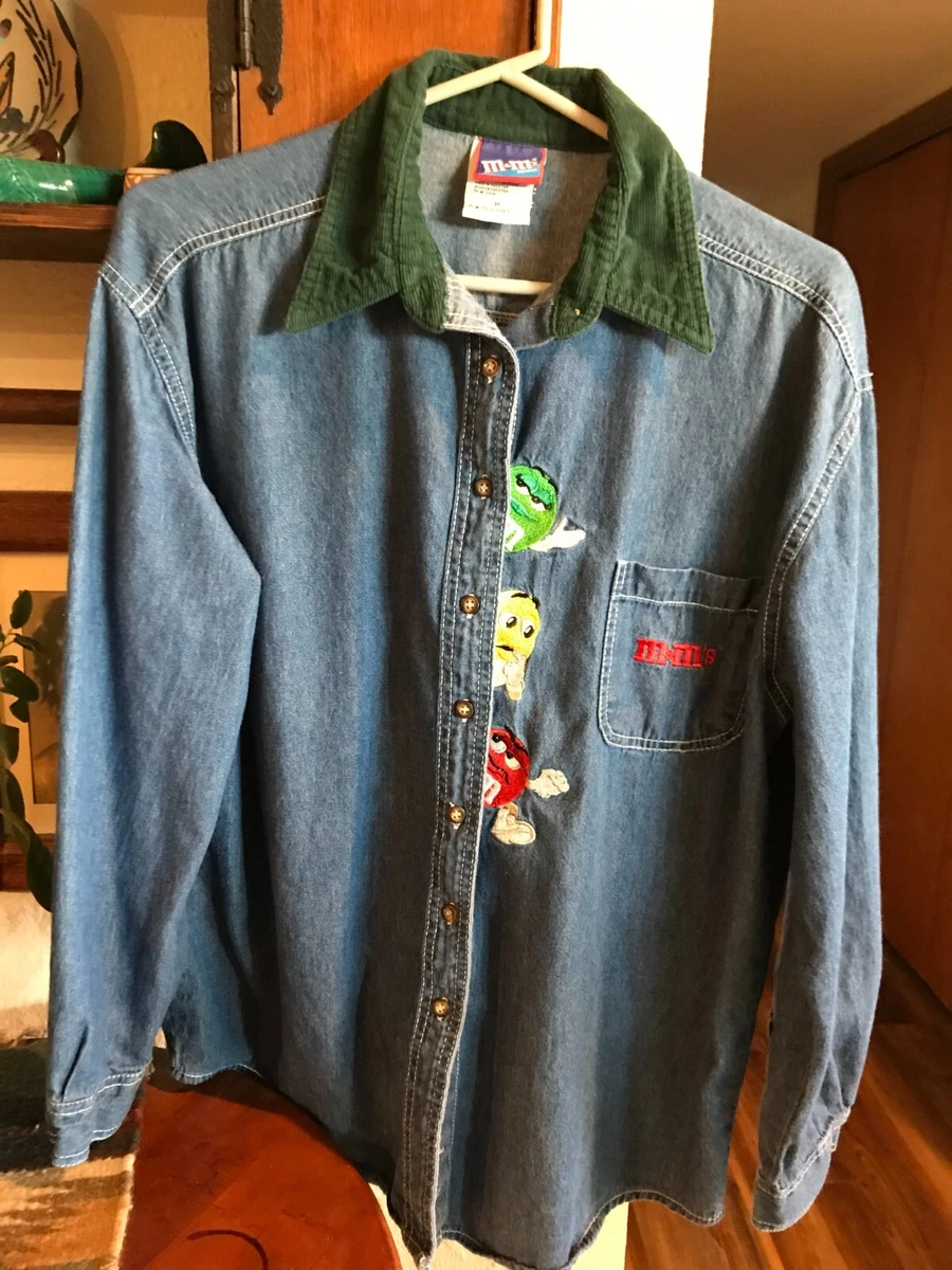 M M s Brand Blue Denim Shirt Green Corduroy Collar Embroidery Characters Size M
