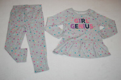 Toddler Girls Outfit GIRL GENIUS Tunic T-Shirt GRAY w/ STARS Knit Jeggings 3T