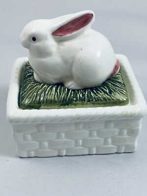 Vintage Knobler Bunny Rabbit Trinket Box Ceramic Porcelain Japan Easter 3.5''