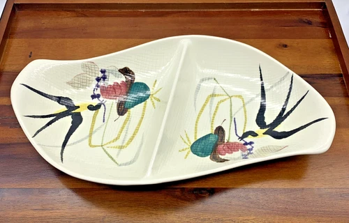 Vintage Red Wing Pottery Capistrano Swallow Birds Textured Serving Dish 50s MCM