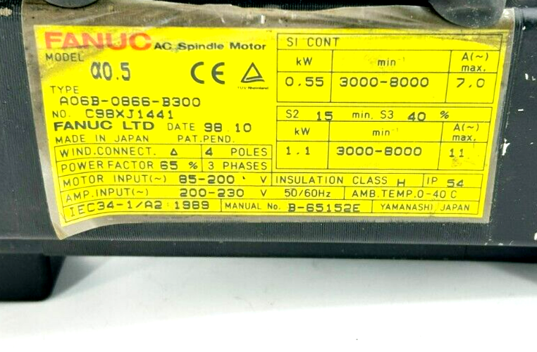 Fanuc A06B-0866-B300 AC Spindle Motor C98XJ1441 3ph 0.55-1.1 Fanuc A06B-0866-B300 AC Spindle Motor C98XJ1441 3ph 0.55-1.1