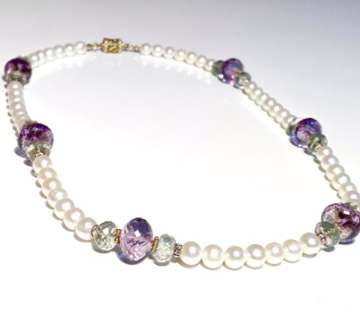Stauer Süßwasserzuchtperlen Halskette mit Amethyst & hellgrünen Perlen