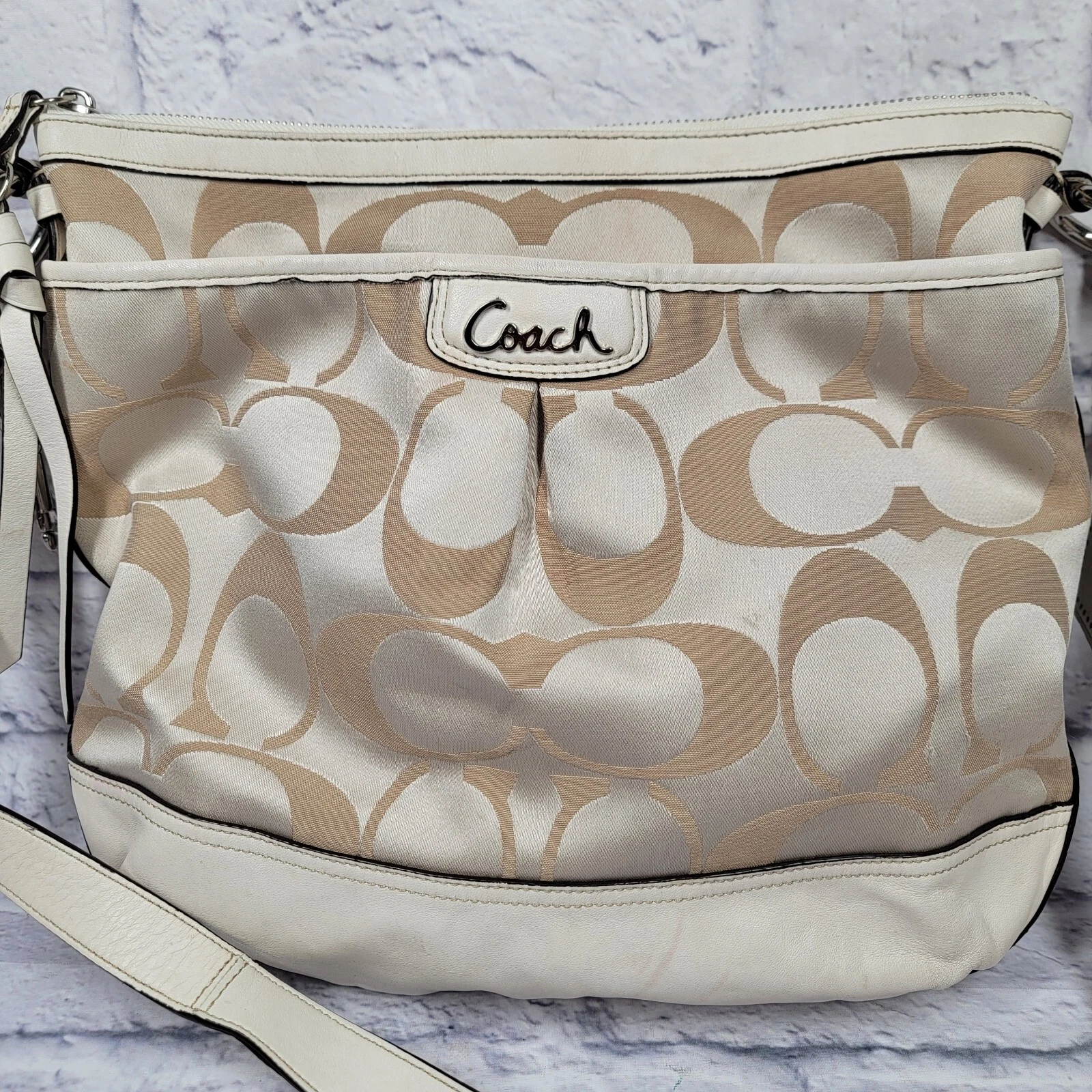 Borsa a tracolla Coach Park vintage firmata beige avorio marrone tracolla Hobo F19740