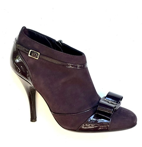 EUC Salvatore Ferragamo Vara Bow Nabuk Patent Ankle Boots, Eggplant, 5 C