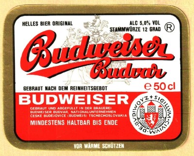 Etikett Budweiser Budvar - Bier von Origine Tschechien Prod. 1895 A Ceske- N.1