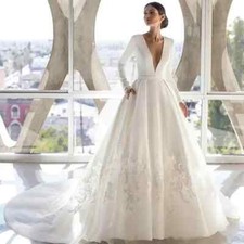 Elegant A-line Wedding Dresses V-Neck Long Sleeve Appliques Satin Bridal Gowns