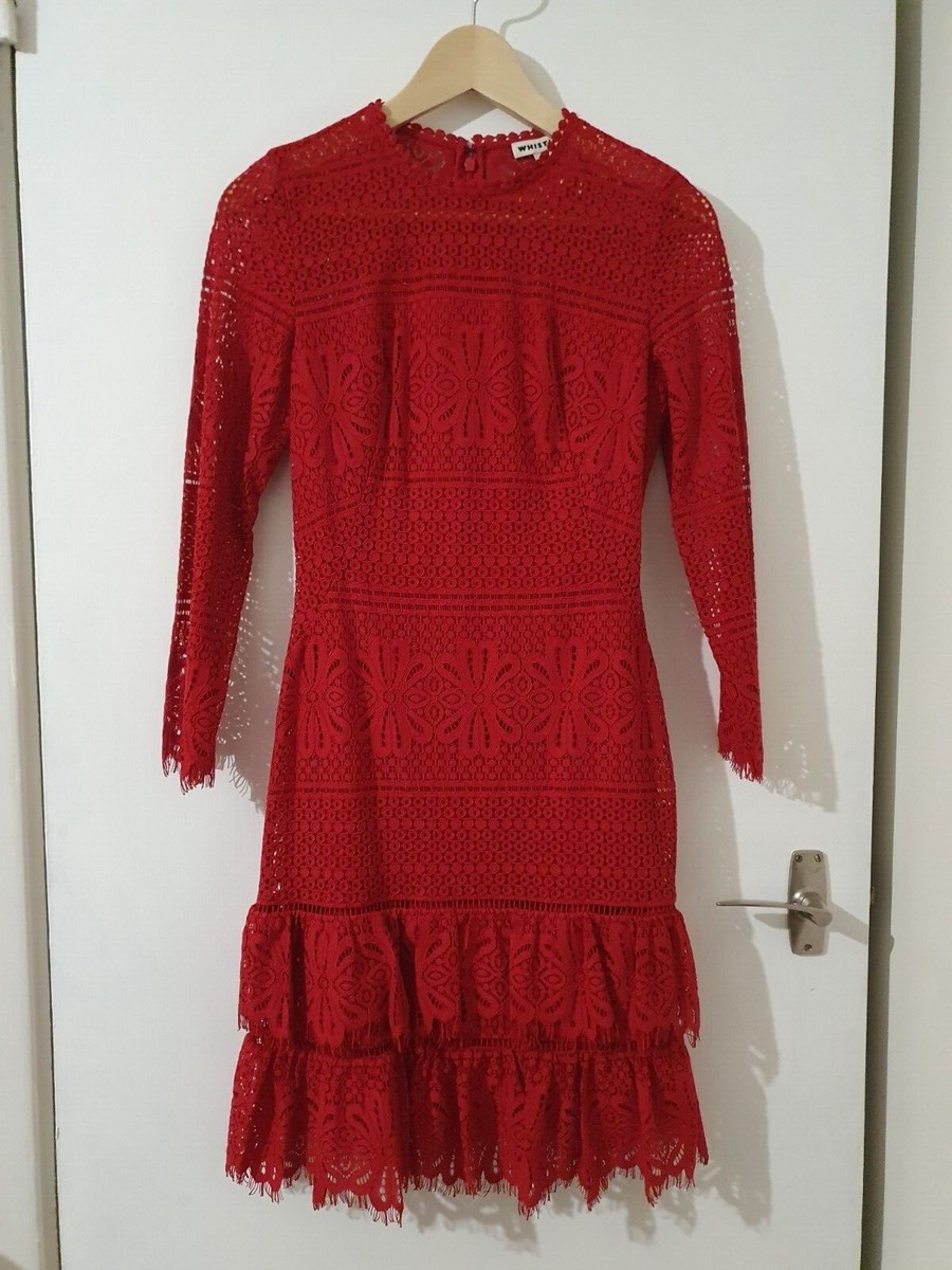 whistles red lace dress Whistles Ruched Bodice Lace Dress in Red