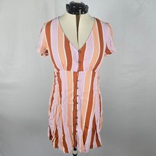 Forever 21 Dress Women's L Pink Stripe Button Down Short Sleeve V-Neck Mini NWT