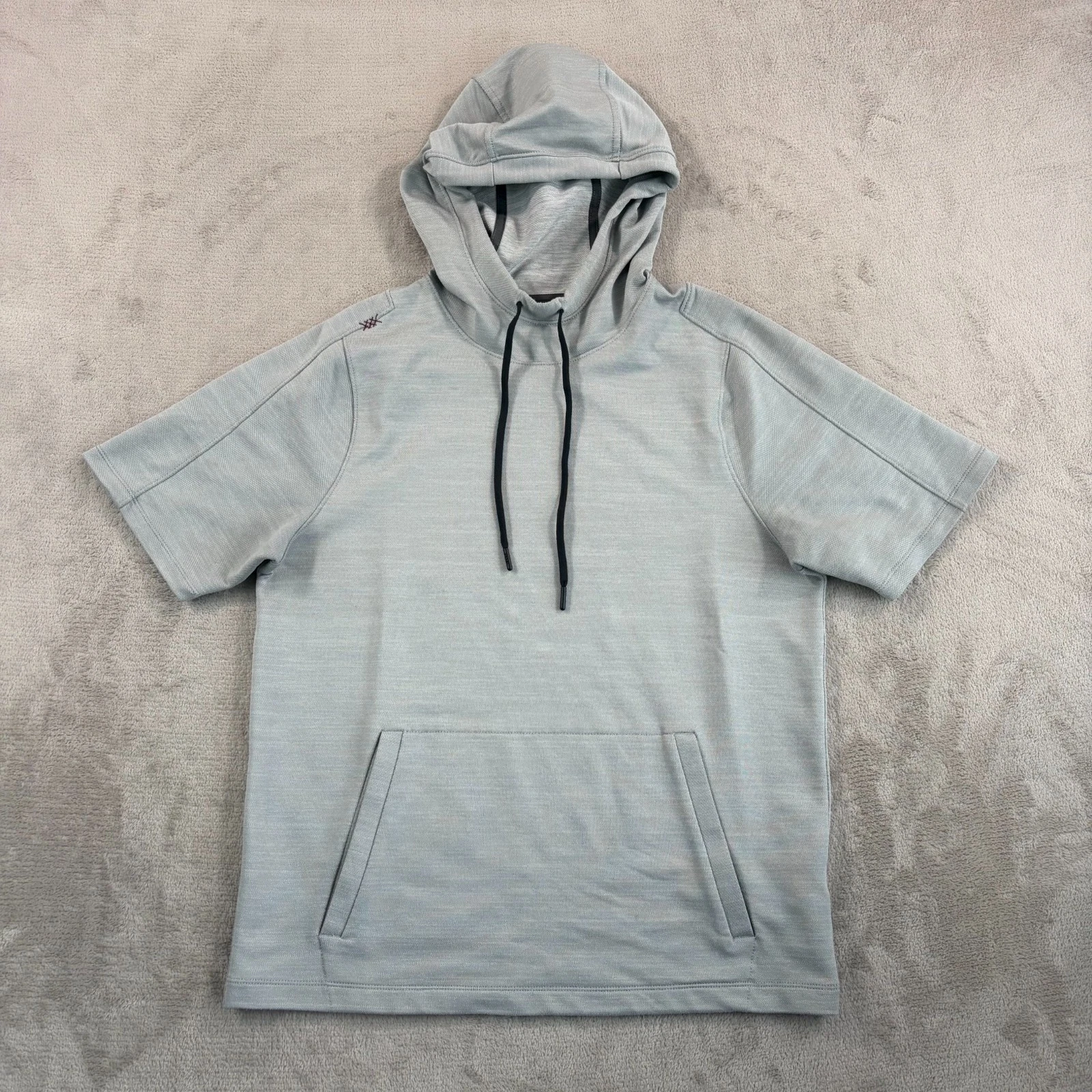 RHONE Summer Knit Hoodie Men Small Grey Stretch Drawcord Active Gym Short Sleeve