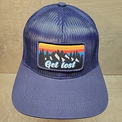 Get Lost Trucker Hat Blue Nature Scene Mountains Trees Forest Sky Outdoor Cap