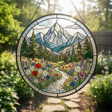 Wildflower Meadow Stained Glass Suncatcher, Mountain Scene Window Hanging