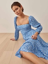 Reformation Mica Floral Midi Dress Long Sleeve in Marie (Blue/white) - Size 8