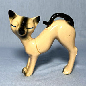 Vintage Porcelain Siamese Cat Figurine Cream with Black Tail Curled Back