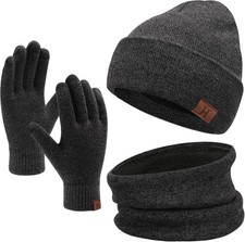 Winter Beanie Hat Scarf Touchscreen Gloves Set for Men One Size, Dark Gray