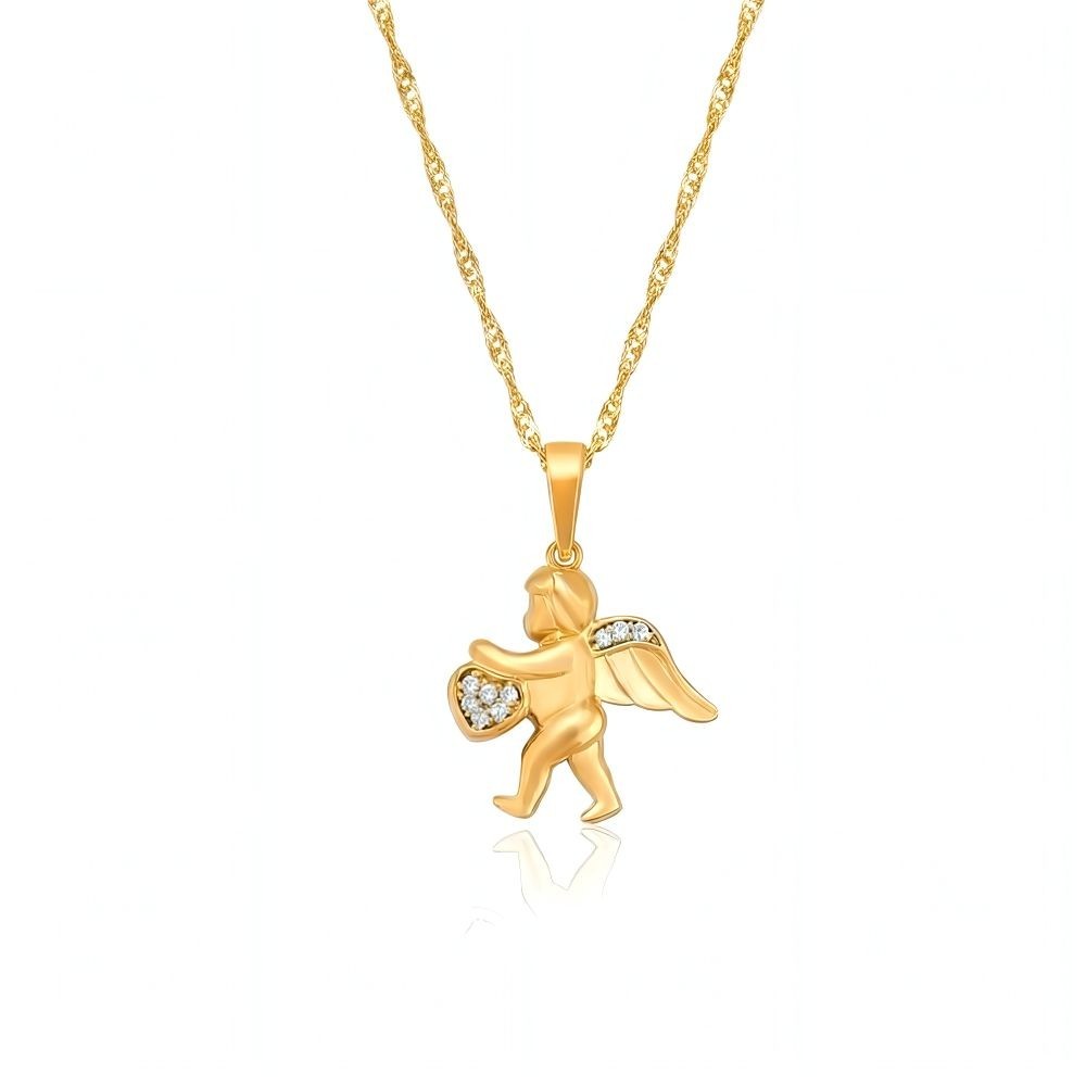 Pendentif Ange Gardien orné d'un cœur scintillant en or jaune 750