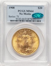 1908 $20 NO MOTTO CAC Saint-Gaudens Double Eagle PCGS MS64