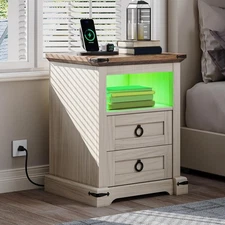 Farmhouse Nightstand with Charging Station, 2 Drawers Night Stand for Bedroom, L