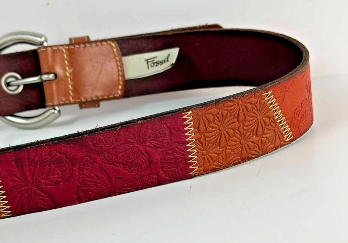 Fossil Leather Belt Patchwork Embossed Brown Wide… - image 10