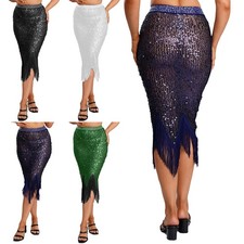 Womens Shiny Sequin Mesh Rhinestone Tassel Fringe Skirt Cover-up Mermaid Skirts