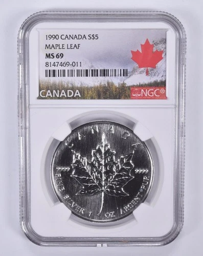 1990 Canada 5 Dollars Silver Maple Leaf MS69 NGC Canada Label *4470