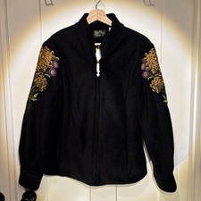 Bob Mackie Wearable Art Black Fleece Jacket Embroidered Floral Sleeve Medium NWT