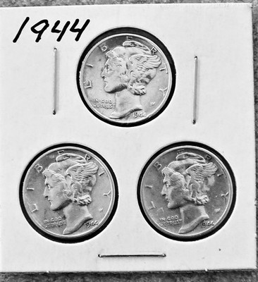 1944 Mercury Set of 3 coins 10c Silver Dime VF Circulated