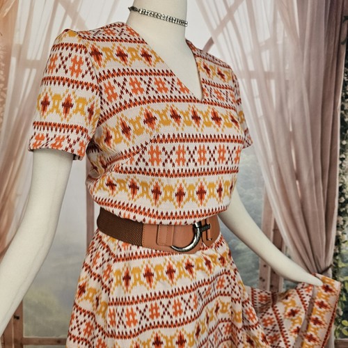 Vintage 1960's 70's Skirt Blouse Set V Neck Short Sleeve Orange Yellow Polyester - Picture 3 of 15
