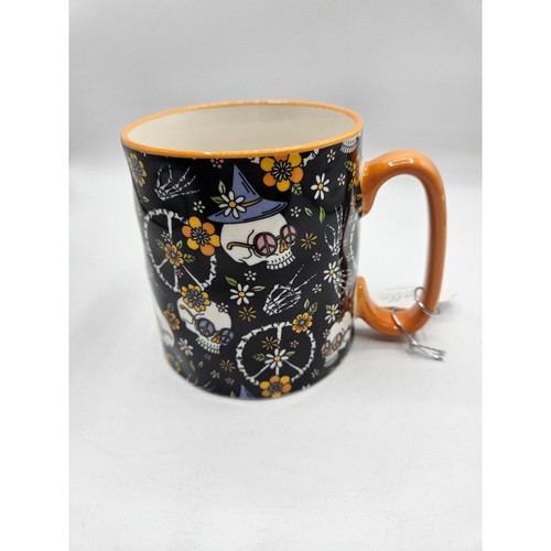 10 Strawberry Street Halloween 18 oz Coffee Soup Mug Skulls Peace Orange NEW - Picture 8 of 10