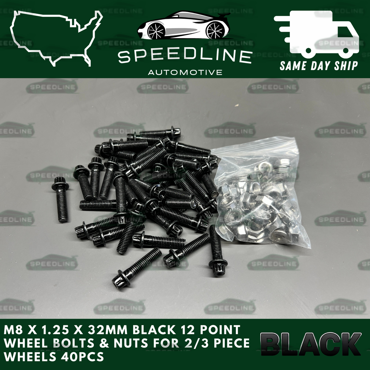 40PC M8x1.25x32 Black 12 Point Wheel Bolts & M8 Nuts For 2/3 Piece Wheels  40pcs