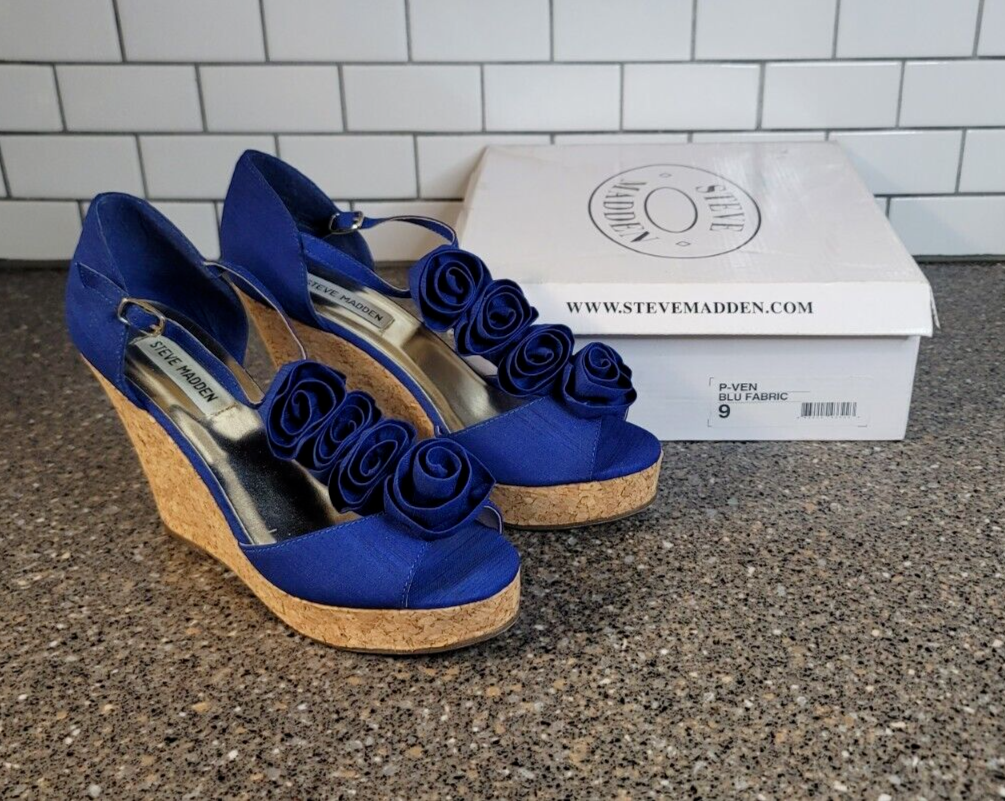 blue dress wedges NIB! Steve Madden P-Ven Blu Fabric Rosette 9M-Vivid Formal & black tie Color:Pastel Multi Plus Size Midi Dress brunch dates