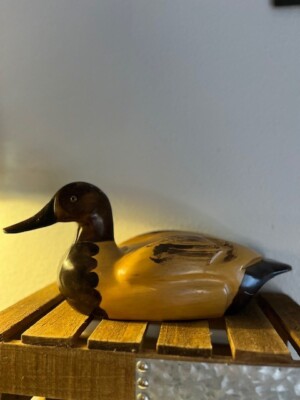 Vintage Duck Decoy Carved Canvas Back with Glass Eye, Tan and Dark Brown r3s3