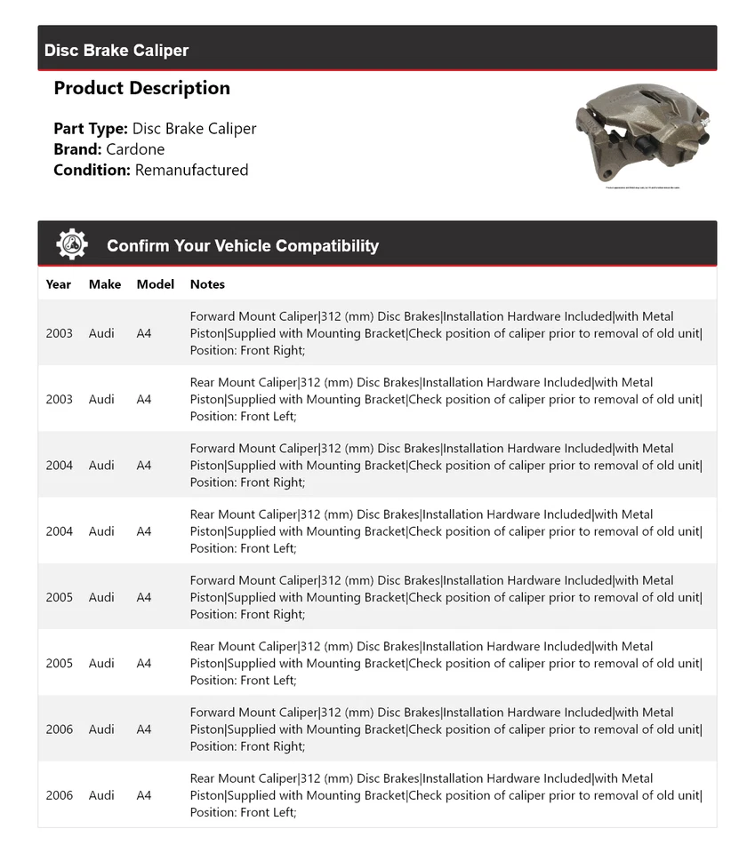 Pinza de freno de disco Cardone 2004 2005 para Audi A4 2003-2006 Foto 2 de 4